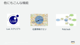 © 2017, Amazon Web Services, Inc. or its Affiliates. All rights
reserved.
他にもこんな機能
Lua スクリプト 位置情報クエリ Pub/sub
 