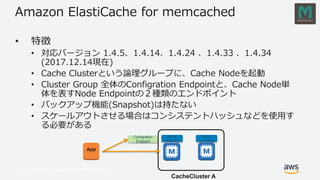 © 2017, Amazon Web Services, Inc. or its Affiliates. All rights
reserved.
Amazon ElastiCache for memcached
• 特徴
• 対応バージョン 1.4.5、1.4.14、1.4.24 、1.4.33 、1.4.34
(2017.12.14現在)
• Cache Clusterという論理グループに、Cache Nodeを起動
• Cluster Group 全体のConfigration Endpointと、Cache Node単
体を表すNode Endpointの２種類のエンドポイント
• バックアップ機能(Snapshot)は持たない
• スケールアウトさせる場合はコンシステントハッシュなどを使用す
る必要がある
CacheCluster A
Configration
Endpoint
Node
Endpoint
Node
Endpoint
App
 
