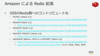© 2017, Amazon Web Services, Inc. or its Affiliates. All rights
reserved.
Amazon による Redis 拡張
• OSSのRedis側へのコントリビュートも
• PSYNC2 (Redis 4.0)
• https://raw.githubusercontent.com/antirez/redis/4.0/00-RELEASENOTES
• BGSAVE (Redis 3.2)
• https://raw.githubusercontent.com/antirez/redis/3.2/00-RELEASENOTES
• MIGRATE (Redis 3.0)
• https://raw.githubusercontent.com/antirez/redis/3.0/00-RELEASENOTES
• MASTER TIMEOUT (Redis 2.8)
• https://raw.githubusercontent.com/antirez/redis/2.8/00-RELEASENOTES
• INCREASE 2Billion+ KEYS in a DATASET (Redis 2.8)
• https://raw.githubusercontent.com/antirez/redis/2.8/00-RELEASENOTES
• https://github.com/antirez/redis/issues/1814, 4114, 4250, 3926, 3899
 