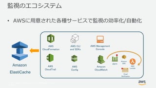 © 2017, Amazon Web Services, Inc. or its Affiliates. All rights
reserved.
監視のエコシステム
• AWSに用意された各種サービスで監視の効率化/自動化
AWS
Config
Amazon
CloudWatch
AWS
CloudTrail
AWS
CloudFormation
AWS Management
Console
AWS CLI
and SDKs
alarm
Amazon
SNS
Email
Notification
AWS
Lambda
Amazon
ElastiCache
 