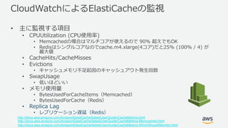 © 2017, Amazon Web Services, Inc. or its Affiliates. All rights
reserved.
CloudWatchによるElastiCacheの監視
• 主に監視する項目
• CPUUtilization (CPU使用率)
• Memcachedの場合はマルチコアが使えるので 90% 超えでもOK
• Redisはシングルコアなのでcache.m4.xlarge(4コア)だと25% (100% / 4) が
最大値
• CacheHits/CacheMisses
• Evictions
• キャッシュメモリ不足起因のキャッシュアウト発生回数
• SwapUsage
• 低いほどいい
• メモリ使用量
• BytesUsedForCacheItems（Memcached）
• BytesUsedForCache（Redis）
• Replica Lag
• レプリケーション遅延（Redis）
http://docs.aws.amazon.com/AmazonElastiCache/latest/UserGuide/CacheMetrics.Memcached.html
http://docs.aws.amazon.com/AmazonElastiCache/latest/UserGuide/CacheMetrics.WhichShouldIMonitor.html
http://docs.aws.amazon.com/AmazonElastiCache/latest/UserGuide/CacheMetrics.html
 