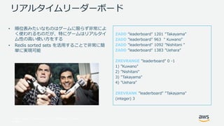 © 2017, Amazon Web Services, Inc. or its Affiliates. All rights
reserved.
• 順位表みたいなものはゲームに限らず非常によ
く使われるものだが、特にゲームはリアルタイ
ム性の高い使い方をする
• Redis sorted sets を活用することで非常に簡
単に実現可能
ZADD "leaderboard" 1201 ”Takayama”
ZADD "leaderboard" 963 " Kuwano"
ZADD "leaderboard" 1092 ”Nishitani "
ZADD "leaderboard" 1383 ”Uehara”
ZREVRANGE "leaderboard" 0 -1
1) ”Kuwano"
2) ”Nishitani"
3) ”Takayama"
4) ”Uehara”
ZREVRANK "leaderboard" ”Takayama"
(integer) 3
リアルタイムリーダーボード
 