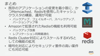 © 2017, Amazon Web Services, Inc. or its Affiliates. All rights
reserved.
まとめ
• 既存のアプリケーションの変更を最小限に、か
つMemcached、Redisを使用したキャッシュ
クラスタの構築、運用が可能
• バックアップ、フェイルオーバ、スペックアップ、
バージョンアップ等
• Amazonで拡張されたRedisの機能も利用可能
• バックアップ改善
• レプリケーション同期最適化
• Redis Cluster対応によりスケールするKVSと
しての機能の拡充
• 暗号化対応によりセキュリティ要件の高い案件
にも対応可能
 