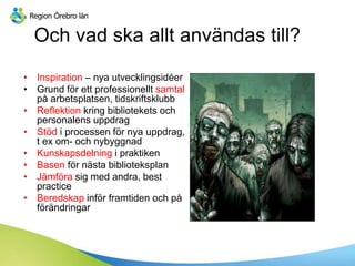 Och vad ska allt användas till?
• Inspiration – nya utvecklingsidéer
• Grund för ett professionellt samtal
på arbetsplatsen, tidskriftsklubb
• Reflektion kring bibliotekets och
personalens uppdrag
• Stöd i processen för nya uppdrag,
t ex om- och nybyggnad
• Kunskapsdelning i praktiken
• Basen för nästa biblioteksplan
• Jämföra sig med andra, best
practice
• Beredskap inför framtiden och på
förändringar
 