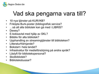 Vad ska pengarna vara till?
• 10 nya tjänster på KUR//KB?
• Friköpta Burk-poster (bibliografisk service?
• …så att alla bibliotek kan gå med i LIBRIS?
• Dewey?
• E-boksavtal med hjälp av SKL?
• Bibblix för alla bibliotek?
• Upphandling av streamingtjänster till biblioteken?
• Litteraturfrämjande?
• Bokstart i hela landet?
• Infrastruktur för medieförsörjning på andra språk?
• Läslyft för bibliotekspersonal?
• Skolbibliotek?
• Biblioteksbussar?
 