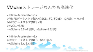 VMwareストレージなんでも高速化
• Infinio Accelerator v3.x
VMFSデータストア[SAN(iSCSI, FC, FCoE) DAS(ローカル)]
NFSデータストア(NFS v3)
vVOL, vSAN
→...
