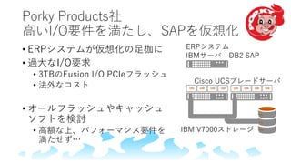 Porky Products社
高いI/O要件を満たし、SAPを仮想化
• ERPシステムが仮想化の足枷に
• 過大なI/O要求
• 3TBのFusion I/O PCIeフラッシュ
• 法外なコスト
• オールフラッシュやキャッシュ
ソフトを検討
• 高額な上、パフォーマンス要件を
満たせず…
Cisco UCSブレードサーバ
IBM V7000ストレージ
ERPシステム
IBMサーバ DB2 SAP
 