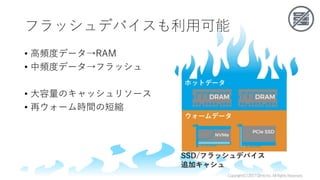 フラッシュデバイスも利用可能
• 高頻度データ→RAM
• 中頻度データ→フラッシュ
• 大容量のキャッシュリソース
• 再ウォーム時間の短縮
Copyright(C)2017ClimbInc.AllRightsReserved.
 