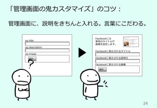 34	
「管理画⾯の⻤カスタマイズ」のコツ：
管理画⾯に、説明をきちんと⼊れる。⾔葉にこだわる。
og:title
og:description
og:image
選択...
Facebookに表⽰されるタイトル
Facebookに表⽰される説明⽂
Facebookに表⽰される画像
選択...
Facebookには
専⽤のタイトルや
画像を設定します。
 