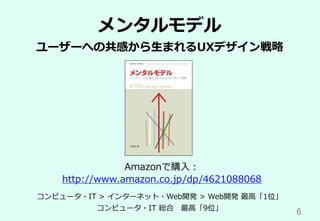 6	
メンタルモデル
ユーザーへの共感から⽣まれるUXデザイン戦略
Amazonで購⼊：
http://www.amazon.co.jp/dp/4621088068
コンピュータ・IT > インターネット・Web開発 > Web開発 最⾼「1位」
コンピュータ・IT 総合 最⾼「9位」
 
