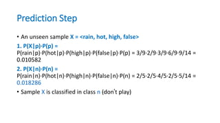 Prediction Step
• An unseen sample X = <rain, hot, high, false>
1. P(X|p)·P(p) =
P(rain|p)·P(hot|p)·P(high|p)·P(false|p)·P(p) = 3/9·2/9·3/9·6/9·9/14 =
0.010582
2. P(X|n)·P(n) =
P(rain|n)·P(hot|n)·P(high|n)·P(false|n)·P(n) = 2/5·2/5·4/5·2/5·5/14 =
0.018286
• Sample X is classified in class n (don’t play)
 