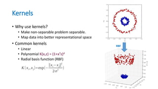 Kernels
• Why use kernels?
• Make non-separable problem separable.
• Map data into better representational space
• Common kernels
• Linear
• Polynomial K(x,z) = (1+xTz)d
• Radial basis function (RBF)
124
Sec. 15.2.3
RBF
 