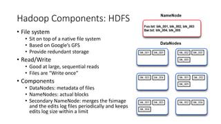 Hadoop Components: HDFS
• File system
• Sit on top of a native file system
• Based on Google’s GFS
• Provide redundant storage
• Read/Write
• Good at large, sequential reads
• Files are “Write once”
• Components
• DataNodes: metadata of files
• NameNodes: actual blocks
• Secondary NameNode: merges the fsimage
and the edits log files periodically and keeps
edits log size within a limit
 