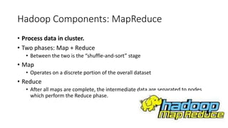 Hadoop Components: MapReduce
• Process data in cluster.
• Two phases: Map + Reduce
• Between the two is the “shuffle-and-sort” stage
• Map
• Operates on a discrete portion of the overall dataset
• Reduce
• After all maps are complete, the intermediate data are separated to nodes
which perform the Reduce phase.
 