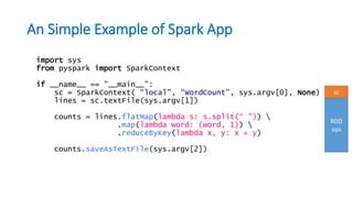 import sys
from pyspark import SparkContext
if __name__ == "__main__":
sc = SparkContext( “local”, “WordCount”, sys.argv[0], None)
lines = sc.textFile(sys.argv[1])
counts = lines.flatMap(lambda s: s.split(“ ”)) 
.map(lambda word: (word, 1)) 
.reduceByKey(lambda x, y: x + y)
counts.saveAsTextFile(sys.argv[2])
An Simple Example of Spark App
sc
RDD
ops
 
