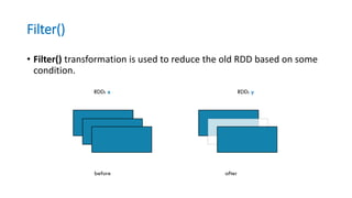 Filter()
• Filter() transformation is used to reduce the old RDD based on some
condition.
 