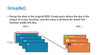 GroupBy()
• Group the data in the original RDD. Create pairs where the key is the
output of a user function, and the value is all items for which the
function yields this key.
 