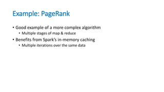 Example: PageRank
• Good example of a more complex algorithm
• Multiple stages of map & reduce
• Benefits from Spark’s in-memory caching
• Multiple iterations over the same data
 