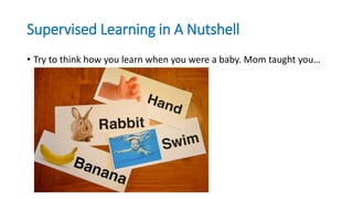 Supervised Learning in A Nutshell
• Try to think how you learn when you were a baby. Mom taught you…
 