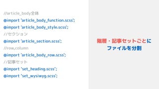 //article_body全体
@import 'article_body_function.scss'; 
@import 'article_body_style.scss'; 
//セクション 
@import 'article_section.scss';
//row,column
@import 'article_body_row.scss';
//記事セット 
@import ‘set_heading.scss’;
@import ‘set_wysiwyg.scss';
階層・記事セットごとに
ファイルを分割
 