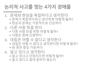논리적 사고를 맞는 4가지 장애물
1. 문제와 현상을 복잡하다고 생각한다
§ 문제가 복잡하다라고 생각하면 어떻게 될까?
§ 현상과 문제는 기본적으로 단순하다
2. 다른 사람 탓을 한다
§ 다른 사람 탓을 하면 어떻게 될까?
§ 사람은 원래 선량하다
3. 대립은 어쩔 수 없다고 생각한다
§ 대립은 어쩔 수 없다고 생각한다면 어떻게 될까?
§ 윈-윈은 항상 가능하다
4. 알고 있다고 생각한다
§ 알고 있다고 단정지으면 어떻게 될까?
§ 알고 있다고 절대 말하지 않는다
 