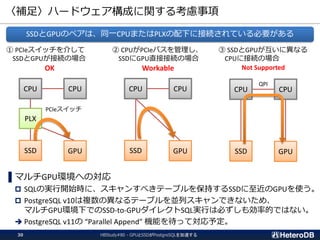 〈補足〉ハードウェア構成に関する考慮事項
HBStudy#80 - GPUとSSDがPostgreSQLを加速する30
▌マルチGPU環境への対応
 SQLの実行開始時に、スキャンすべきテーブルを保持するSSDに至近のGPUを使う。
 PostgreSQL v10は複数の異なるテーブルを並列スキャンできないため、
マルチGPU環境下でのSSD-to-GPUダイレクトSQL実行は必ずしも効率的ではない。
 PostgreSQL v11の “Parallel Append” 機能を待って対応予定。
① PCIeスイッチを介して
SSDとGPUが接続の場合
OK
② CPUがPCIeバスを管理し、
SSDにGPU直接接続の場合
Workable
③ SSDとGPUが互いに異なる
CPUに接続の場合
Not Supported
CPU CPU
PLX
SSD GPU
PCIeスイッチ
CPU CPU
SSD GPU
CPU CPU
SSD GPU
QPI
SSDとGPUのペアは、同一CPUまたはPLXの配下に接続されている必要がある
 