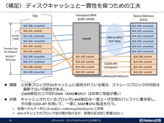 〈補足〉 ディスクキャッシュと一貫性を保つための工夫
HBStudy#80 - GPUとSSDがPostgreSQLを加速する31
 課題 ①対象ブロックがOSキャッシュに保持されている場合、ストレージブロックの内容は
最新でない可能性がある。
②8KB単位のコマ切れDMA（RAMGPU）は非常に性能が悪い
 対策 キャッシュされているブロック(=8KB単位)を一度ユーザ空間のバッファに書き戻し、
その後 CUDA API を用いて、一度に RAMGPU 転送を行う。
✓ 処理ペナルティ的には read(2) + cuMemcpyHtoDAsync() と同等
✓ GPUメモリ上でのブロック並び順が変わるが、処理の妥当性に影響はない。
BLK-100: uncached
BLK-101: cached
BLK-102: uncached
BLK-103: uncached
BLK-104: cached
BLK-105: cached
BLK-106: uncached
BLK-107: uncached
BLK-108: cached
BLK-109: uncached
BLCKSZ
(=8KB)
Transfer Size
Per Request
BLCKSZ *
NChunks
BLK-108: cached
BLK-105: cached
BLK-104: cached
BLK-101: cached
BLK-100: uncached
BLK-102: uncached
BLK-103: uncached
BLK-106: uncached
BLK-107: uncached
BLK-109: uncached
BLK-108: cached
BLK-105: cached
BLK-104: cached
BLK-101: cached
unused SSD-to-GPU
P2P DMA
File Userspace DMA
Buffer (RAM)
Device Memory
(GPU)
CUDA API
(userspace)
cuMemcpyHtoDAsync
 