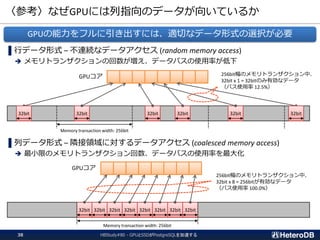 〈参考〉なぜGPUには列指向のデータが向いているか
HBStudy#80 - GPUとSSDがPostgreSQLを加速する38
▌行データ形式 – 不連続なデータアクセス (random memory access)
 メモリトランザクションの回数が増え、データバスの使用率が低下
▌列データ形式 – 隣接領域に対するデータアクセス (coalesced memory access)
 最小限のメモリトランザクション回数、データバスの使用率を最大化
32bit
Memory transaction width: 256bit
32bit 32bit32bit 32bit 32bit
32bit 32bit 32bit 32bit 32bit 32bit 32bit 32bit
Memory transaction width: 256bit
256bit幅のメモリトランザクション中、
32bit x 8 = 256bitが有効なデータ
（バス使用率 100.0%）
256bit幅のメモリトランザクション中、
32bit x 1 = 32bitのみ有効なデータ
（バス使用率 12.5%）
GPUコア
GPUコア
GPUの能力をフルに引き出すには、適切なデータ形式の選択が必要
 