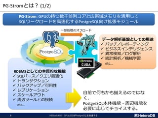 データ解析基盤としての用途
✓ バッチ／レポーティング
✓ ビジネスインテリジェンス
✓ 異常検知／ログ解析
✓ 統計解析／機械学習
etc...
RDBMSとしての本質的な機能
✓ SQLパース／クエリ最適化
✓ トランザクション
✓ バックアップ／可用性
✓ レプリケーション
✓ スケールアウト
✓ 周辺ツールとの接続
etc...
PG-Stromとは？ (1/2)
一部処理のオフロード
PG-Strom: GPUの持つ数千並列コアと広帯域メモリを活用して
SQLワークロードを高速化するPostgreSQL向け拡張モジュール
自前で何もかも揃えるのではな
く、
PostgreSQL本体機能・周辺機能を
必要に応じてチョイスする。
HBStudy#80 - GPUとSSDがPostgreSQLを加速する5
 