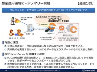 想定適用領域④ – アノマリー検知 【金融分野】
HBStudy#80 - GPUとSSDがPostgreSQLを加速する54
▌背景と課題
 金融系の決済データはほぼ間違いなくRDBMSで保存・管理されている。
 異常検知を実行するために、DBからデータをエクスポートするのは大変な負荷。
▌なぜ HeteroServer を適用するのか
 PL/CUDA統計解析関数を用いて、In-databaseかつ高速に異常検知ロジックを実行
できる。外部へデータをエクスポートする必要がなくなる。
 異常検知の間隔を短くできれば、不正利用が発生して即座にクレジットカードを
利用停止にできるため、被害額を最小限に抑える事ができる。
DBサーバ
クレジットカード
不正利用
決済サーバ
In-databaseかつ
リアルタイムに
異常検知ロジックを実行
クレジットカード決済
データの
エクスポート
従来の手法
外部プログラムで異常検知
ロジックを定期的に実行
私たちの提案
いつもと違う！？
トランザクション
In-database処理で
この部分が不要に
クレジットカードや振り込め詐欺の検知をより短いサイクルで実行する
 