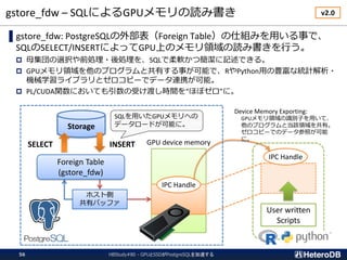 Storage
ホスト側
共有バッファ
gstore_fdw – SQLによるGPUメモリの読み書き
HBStudy#80 - GPUとSSDがPostgreSQLを加速する56
▌gstore_fdw: PostgreSQLの外部表（Foreign Table）の仕組みを用いる事で、
SQLのSELECT/INSERTによってGPU上のメモリ領域の読み書きを行う。
 母集団の選択や前処理・後処理を、SQLで柔軟かつ簡潔に記述できる。
 GPUメモリ領域を他のプログラムと共有する事が可能で、RやPython用の豊富な統計解析・
機械学習ライブラリとゼロコピーでデータ連携が可能。
 PL/CUDA関数においても引数の受け渡し時間を“ほぼゼロ”に。
Foreign Table
(gstore_fdw)
GPU device memoryINSERTSELECT
IPC Handle
IPC Handle
Device Memory Exporting:
GPUメモリ領域の識別子を用いて、
他のプログラムと当該領域を共有。
ゼロコピーでのデータ参照が可能
に。
User written
Scripts
v2.0
SQLを用いたGPUメモリへの
データロードが可能に。
 
