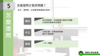怎麼提問才是好問題？
5
怎
麼
提
問
開放
中立
簡單
除非要釐清，否則盡量以開放式問題
以做為收集最多的資訊。
不要引導、打擊或辦判斷
讓它不要感覺。
一次一問題。
此外，提問時，必須確保幾個基本原則：
戰略社群說書會
 