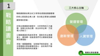 三大核心主軸
戰略社群說書會
營運管理
創新管理 人資管理
針對企業運營的過程中，分析常見的三大議
題，並解以此為主題，找出未來企業，乃至
個人的能力。
以戰略層級的角度來思考，面對未來企業運
營上，還有哪一些點是我們可以實踐或是創
新的價值點。
把每一個關鍵要點，從新賦予新的認知，這
也是戰略社群說書會的核心，並在每月不斷
為我們提供最有料的資源。
1
戰
略
讀
書
會
戰略讀書會由幫主KC分享到在經營這個讀書會
的核心是協助企業人資、各功能主管強化組織營
運管理的思維。
 