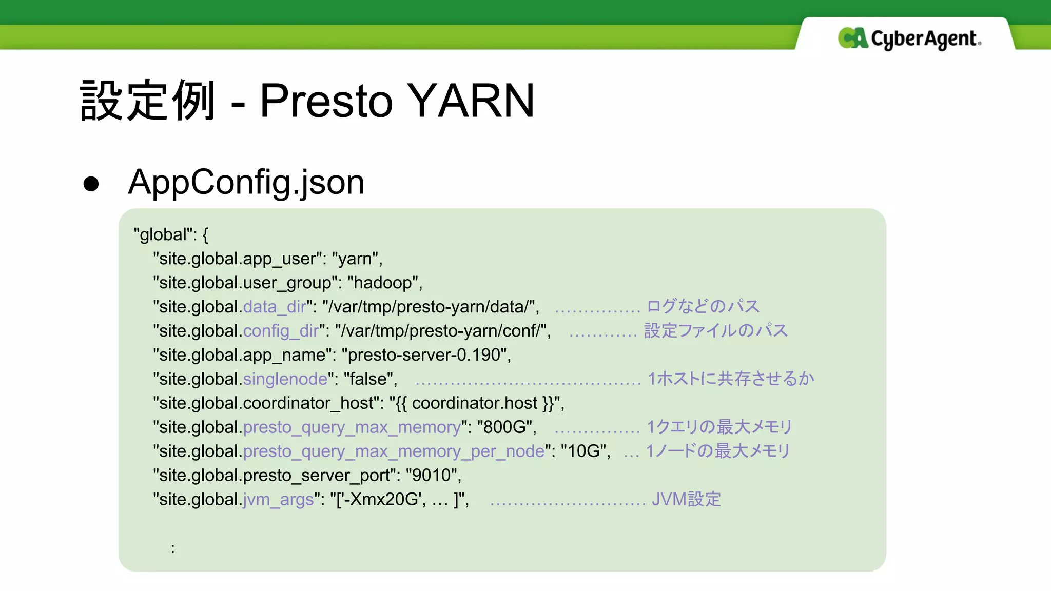 ● AppConfig.json
設定例 - Presto YARN
　………………………………… ラベル (インスタンスの種類)
　　　　　……………………… 起動の順番
　　　　　　　　　　　　　… 配置ポリシー (ANTI_AFFINITY)
　　　　　　　　　　………… インスタンス数
　　　　………………………… コア数
　　　　　　…………………… メモリ(MB)
"global": {
"site.global.app_user": "yarn",
"site.global.user_group": "hadoop",
"site.global.data_dir": "/var/tmp/presto-yarn/data/", …………… ログなどのパス
"site.global.config_dir": "/var/tmp/presto-yarn/conf/",　 ………… 設定ファイルのパス
"site.global.app_name": "presto-server-0.190",
"site.global.singlenode": "false",　 ………………………………… 1ホストに共存させるか
"site.global.coordinator_host": "{{ coordinator.host }}",
"site.global.presto_query_max_memory": "800G",　 …………… 1クエリの最大メモリ
"site.global.presto_query_max_memory_per_node": "10G",　… 1ノードの最大メモリ
"site.global.presto_server_port": "9010",
"site.global.jvm_args": "['-Xmx20G', … ]", ……………………… JVM設定
　　　：
 