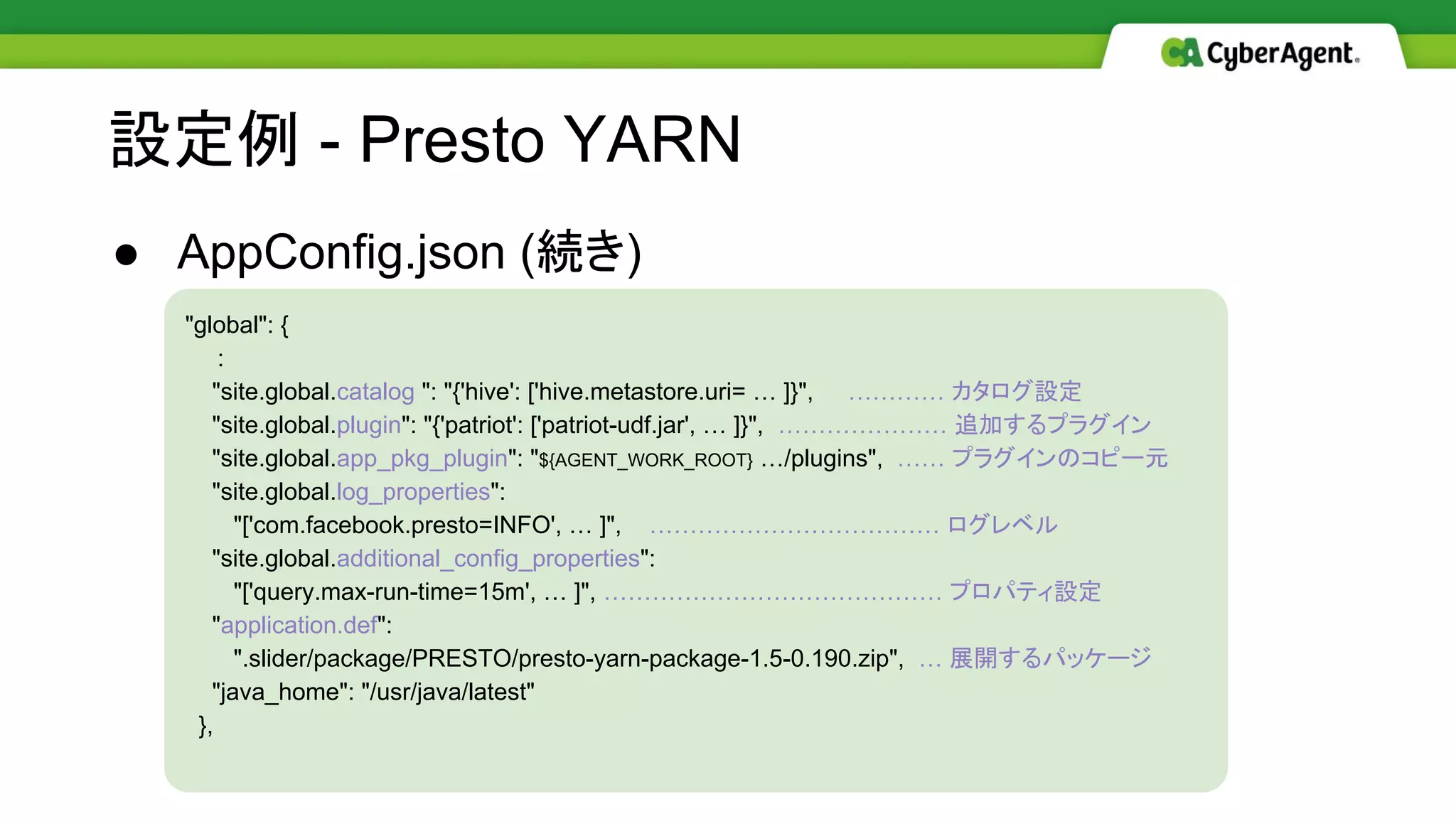 ● AppConfig.json (続き)
設定例 - Presto YARN
"global": {
　　:
"site.global.catalog ": "{'hive': ['hive.metastore.uri= … ]}", ………… カタログ設定
"site.global.plugin": "{'patriot': ['patriot-udf.jar', … ]}", ………………… 追加するプラグイン
"site.global.app_pkg_plugin": "${AGENT_WORK_ROOT} …/plugins", …… プラグインのコピー元
"site.global.log_properties":
　　　"['com.facebook.presto=INFO', … ]", ……………………………… ログレベル
"site.global.additional_config_properties":
　　　"['query.max-run-time=15m', … ]", …………………………………… プロパティ設定
"application.def":
　　　".slider/package/PRESTO/presto-yarn-package-1.5-0.190.zip", … 展開するパッケージ
"java_home": "/usr/java/latest"
},
 