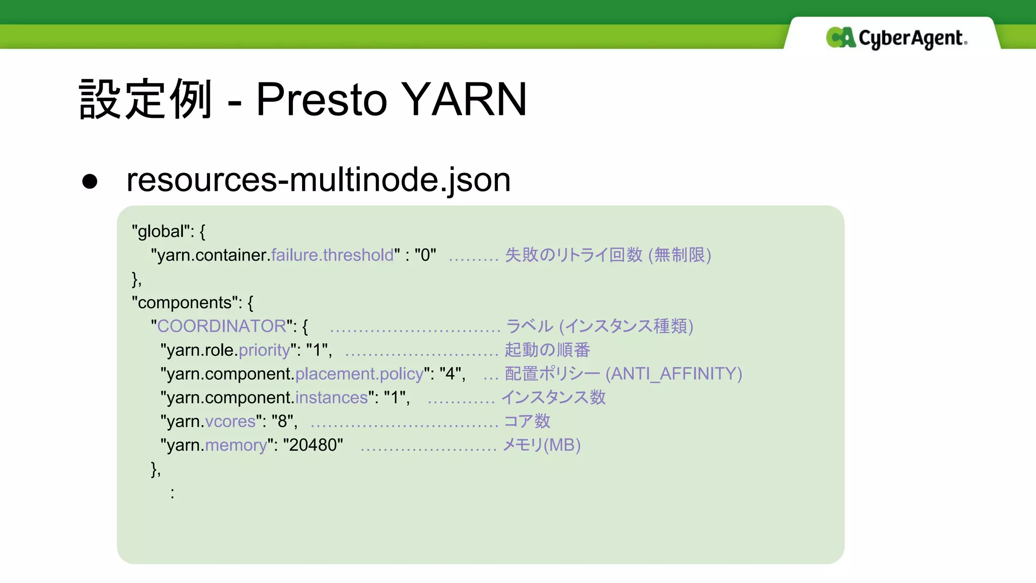 ● resources-multinode.json
"global": {
"yarn.container.failure.threshold" : "0"　……… 失敗のリトライ回数 (無制限)
},
"components": {
"COORDINATOR": { 　………………………… ラベル (インスタンス種類)
"yarn.role.priority": "1",　……………………… 起動の順番
"yarn.component.placement.policy": "4",　 … 配置ポリシー (ANTI_AFFINITY)
"yarn.component.instances": "1",　 ………… インスタンス数
"yarn.vcores": "8",　…………………………… コア数
"yarn.memory": "20480"　 …………………… メモリ(MB)
},
:
設定例 - Presto YARN
 