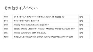 饤֥٥
4/30 ߥ륭۩`ॺ֥` 10꣦ե4ӛ饤 լ
5/13 ˥`饤2017 ˤ!! լ
6/30 Anisong World Matsuri at Anime Expo 2017 լ
7/22 BILIBILI MACRO LINK-STAR PHASE  ANISONG WORLD MATSURI 2017 լ
8/25 Animelo Summer Live 2017 -THE CARD- լ
10/21 ᤶޤƥPRESENTS T-SPOOK TOKYO HALLOWEEN PARTY 2017 լ
 