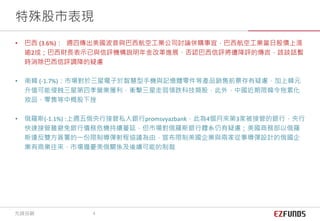 • 巴西 (3.6%)： 週四傳出美國波音與巴西航空工業公司討論併購事宜，巴西航空工業當日股價上漲
逾2成；巴西財長表示已與信評機構說明年金改革進展、否認巴西信評將遭降評的傳言，該談話暫
時消除巴西信評調降的疑慮
• 南韓 (-1.7%)：市場對於三星電子於智慧型手機與記憶體零件等產品銷售前景存有疑慮，加上韓元
升值可能侵蝕三星第四季營業獲利，衝擊三星走弱領跌科技類股，此外，中國近期限韓令拖累化
妝品、零售等中概股下挫
• 俄羅斯(-1.1%) :上週五俄央行接管私人銀行promsvyazbank，此為4個月來第3家被接管的銀行，央行
快速接管雖避免銀行債務危機持續蔓延，但市場對俄羅斯銀行體系仍有疑慮；美國商務部以俄羅
斯違反雙方簽署的一份限制導彈射程協議為由，宣布限制美國企業與兩家從事導彈設計的俄國企
業有商業往來，市場擔憂美俄關係及後續可能的制裁
特殊股市表現
先鋒投顧 4
 