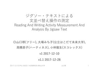 ジグソー・テキストによる
⽂並べ替え操作の測定
Reading And Writing Activity Measurement And
Analysis By Jigsaw Text
◎⼭⼝琢(フリー), ⼤場みち⼦(公⽴はこだて未来⼤学),
⾼橋慈⼦(ハーティネス), ⼩林⿓⽣(スコレックス)
v1 2017-12-10
v1.1 2017-12-28
2017-12-10 IPSJ SIGCE 142回研究会 @松山大学 山口琢 1
 