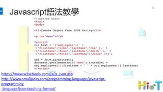 11
Javascript語法教學
https://www.w3schools.com/js/js_json.asp
http://www.smalljacky.com/programming-language/javascript-
programming
-language/json-teaching-format/
 