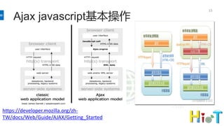 Ajax javascript基本操作
15
https://developer.mozilla.org/zh-
TW/docs/Web/Guide/AJAX/Getting_Started
 
