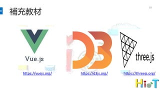 補充教材
18
https://vuejs.org/ https://d3js.org/ https://threejs.org/
 