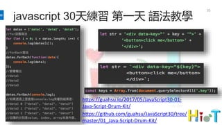 javascript 30天練習 第一天 語法教學
35
https://guahsu.io/2017/05/JavaScript30-01-
Java-Script-Drum-Kit/
https://github.com/guahsu/JavaScript30/tree/
master/01_Java-Script-Drum-Kit/
 