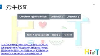 元件-按鈕
45
http://bootstrap.hexschool.com/docs/4.0/com
ponents/buttons/#%E6%A0%B8%E5%8F%96%
E6%96%B9%E5%A1%8A%E5%92%8C%E9%81%
B8%E9%A0%85%E6%8C%89%E9%88%95
 