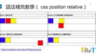 語法補充教學（ css position relative）
55
https://codepen.io/andy1229/pen/Ljeraa
 