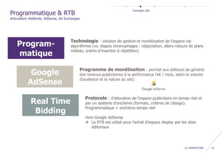 confidential | © WAVESTONE 12
Program-
matique
Google
AdSense
Real Time
Bidding
Technologie : solution de gestion et monétisation de l’espace via
algorithmes (vs. étapes chronophages : négociation, allers-retours de plans
médias, ordres d’insertion à répétition)
Programme de monétisation : permet aux éditeurs de générer
des revenus publicitaires à la performance (k€ / mois, selon le volume
d’audience et la nature du site)
Protocole : d’allocation de l’espace publicitaire en temps réel et
par un système d’enchères (formats, critères de ciblage).
Programmatique + enchères temps réel
Hors Google AdSense
 Le RTB est utilisé pour l’achat d’espace display par les sites
éditoriaux
Programmatique & RTB
Articulation AdWords, AdSense, Ad Exchanges
Concepts clés
 