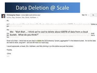 Data Deletion @ Scale
Me: “Blah Blah … I think we’re cool to delete about 600TB of data from a cloud
bucket. What do you t...