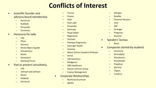 Conflicts of Interest
• Scientific founder and
advisory board membership
– Genstruct
– NuMedii
– Personalis
– Carmenta
• H...