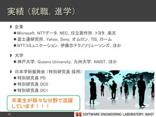 12
 企業
 Microsoft，NTTデータ，NEC，日立製作所，トヨタ，楽天
 富士通研究所，Yahoo，Sony，オムロン，TIS，ローム
 NTTコミュニケーション，伊藤忠テクノソリューソンズ，ほか
 大学
 神戸大学，Queens University，九州大学，NAIST，ほか
 日本学術振興会 （特別研究員 採用）
 特別研究員 PD
 特別研究員 DC2
 特別研究員 DC1
実績 （就職，進学）
卒業生が様々な分野で活躍
しています！！！
 