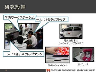 8
一人に1台デスクトップマシン
学内ワークステーション
3Dプリンタ
一人に1台ラップトップ
3Dモーションセンサ
研究設備
電気自動車の
カーシェアリングシステム
 